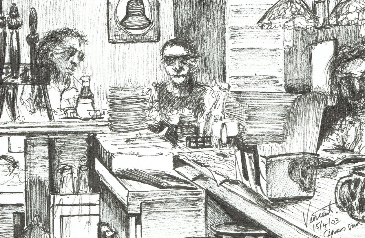 Cheers Bar Boston USA, 2003, (tusz na papierze) autorstwa Vincent Alexander Booth