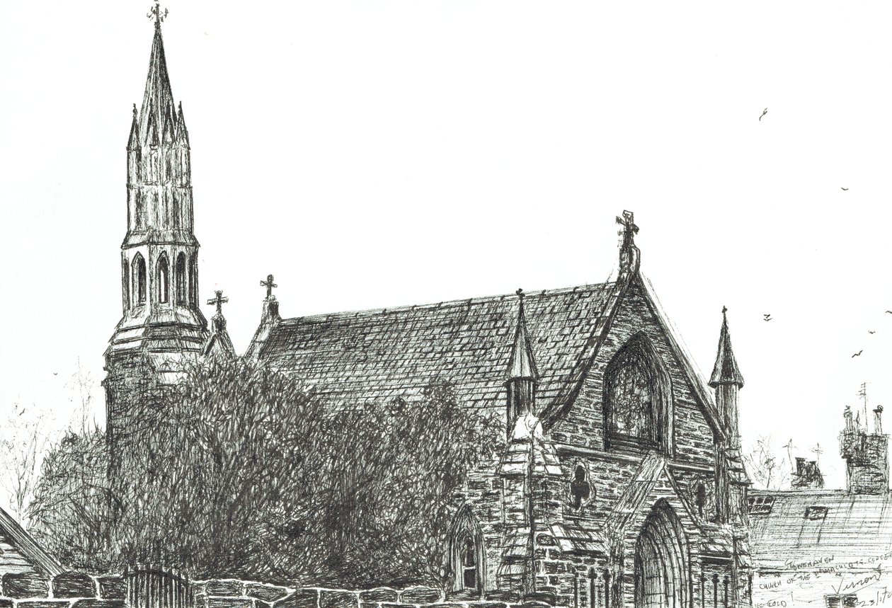 Kościół w Stonehaven, Szkocja, 2007, (tusz na papierze) autorstwa Vincent Alexander Booth