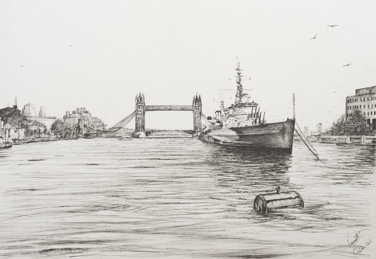 HMS Belfast nad Tamizą Londyn, 2006, (Ink on Paper) autorstwa Vincent Alexander Booth