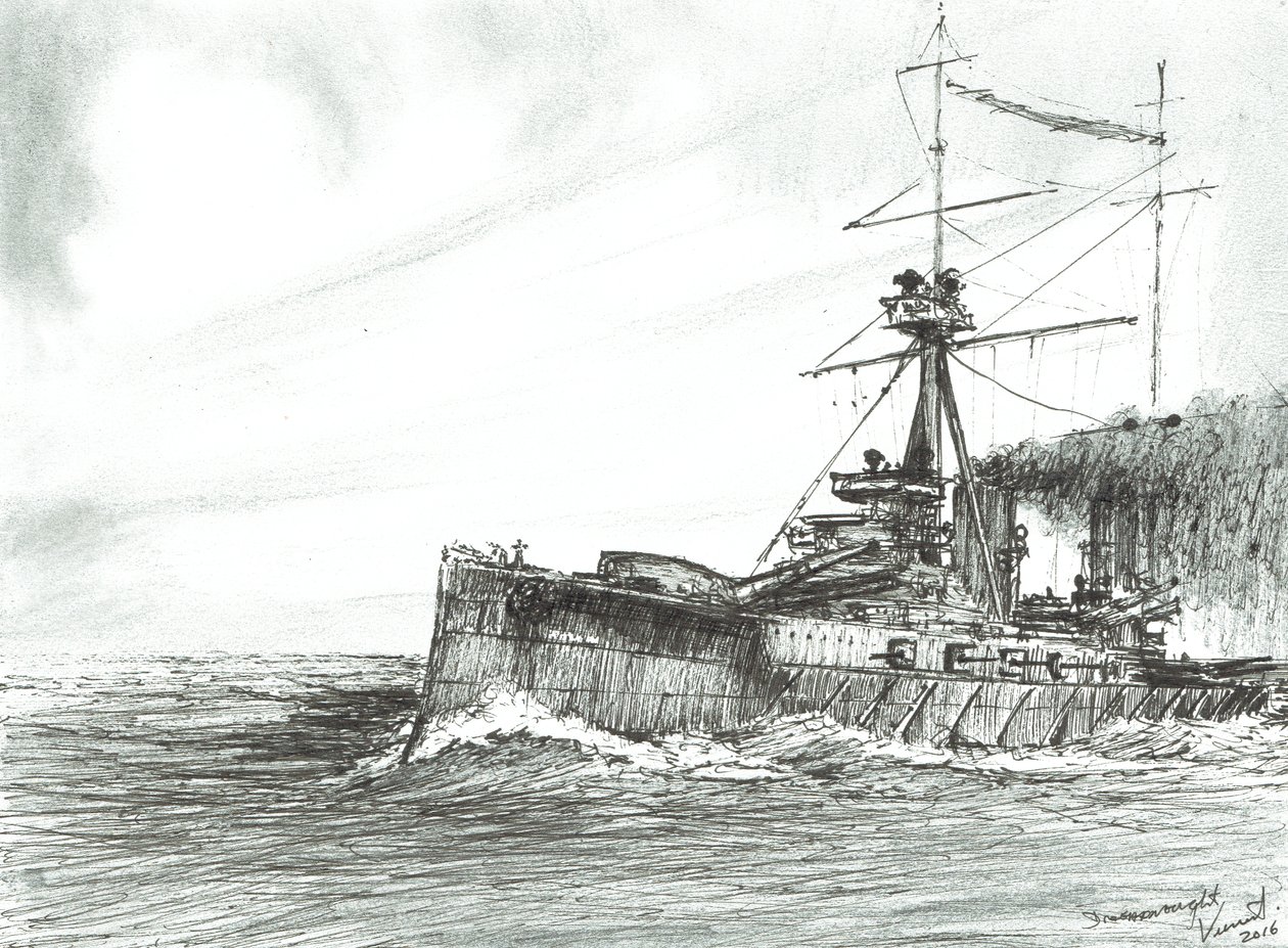 HMS Dreadnought na morzu, 2017, (tusz na papierze) autorstwa Vincent Alexander Booth