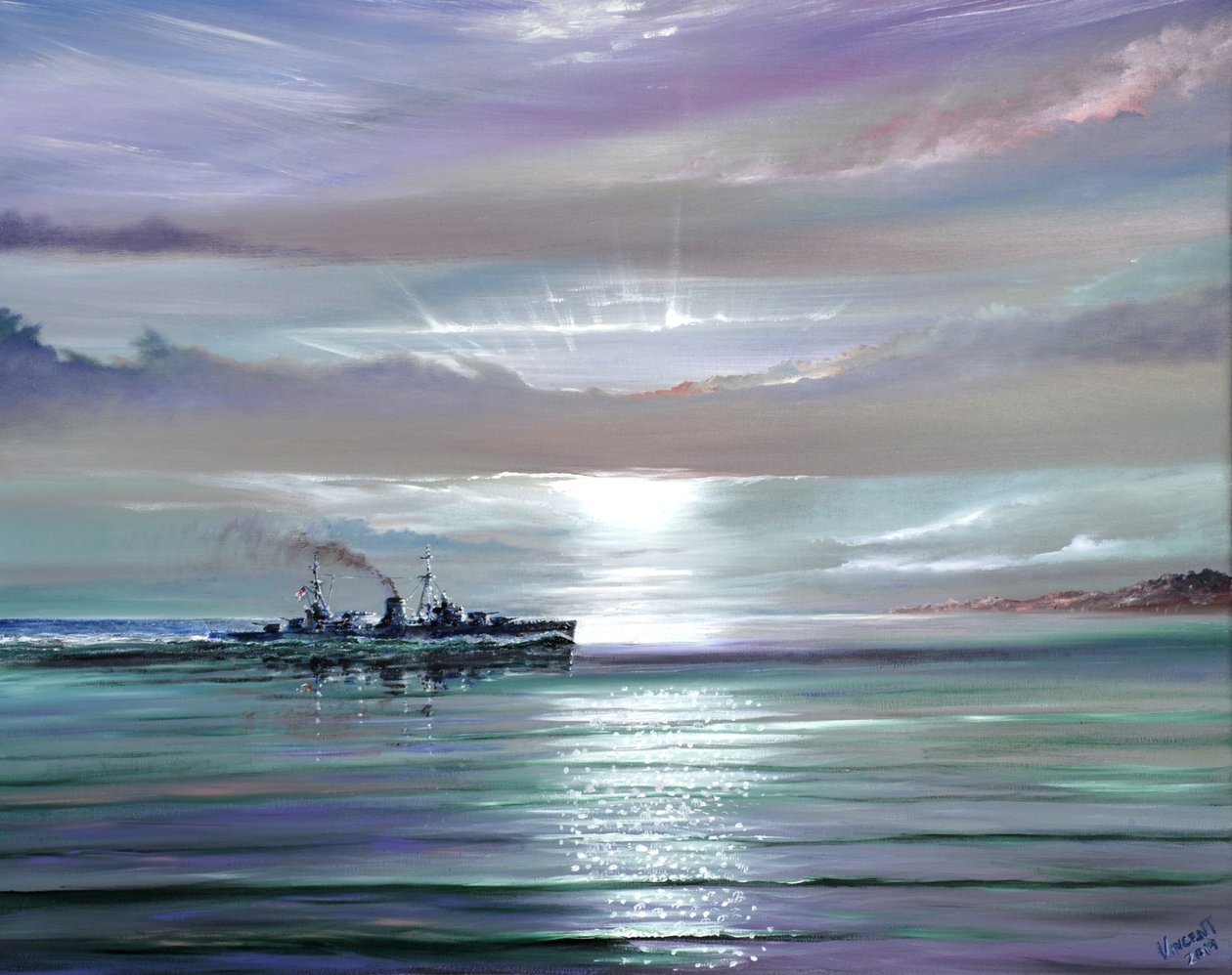 HMS Neptune, Morze Śródziemne grudzień 1941, 2019 (olej na płótnie) autorstwa Vincent Alexander Booth