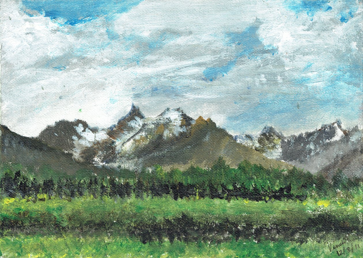 Widok hotelu w Crans, 2011, (akryl na płótnie) autorstwa Vincent Alexander Booth