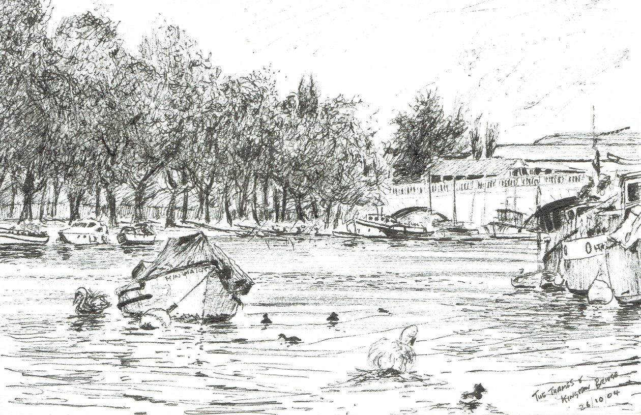 Kingston Bridge Londyn, 2004, (tusz na papierze) autorstwa Vincent Alexander Booth