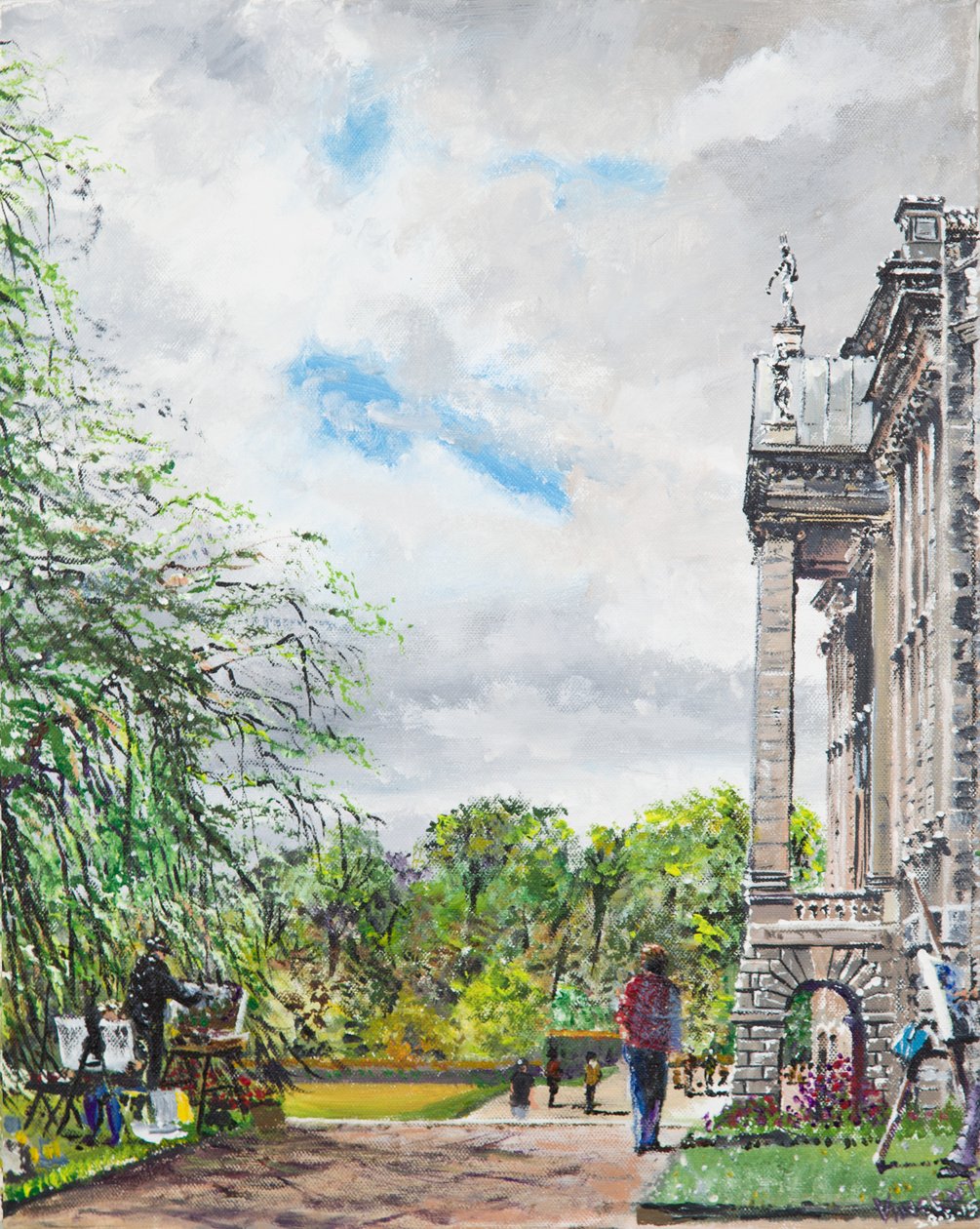 Lyme Park widok domu i ogrodów, 2015, (akryl na płycie płóciennej) autorstwa Vincent Alexander Booth