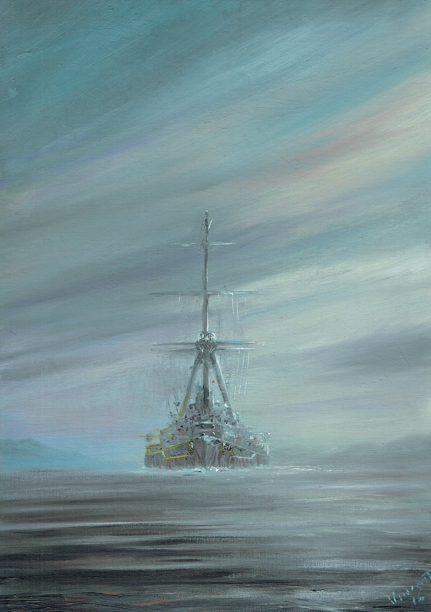 SMS Derfflinger Scapa Flow 1919, 2016, (tusz olejny na płótnie) autorstwa Vincent Alexander Booth