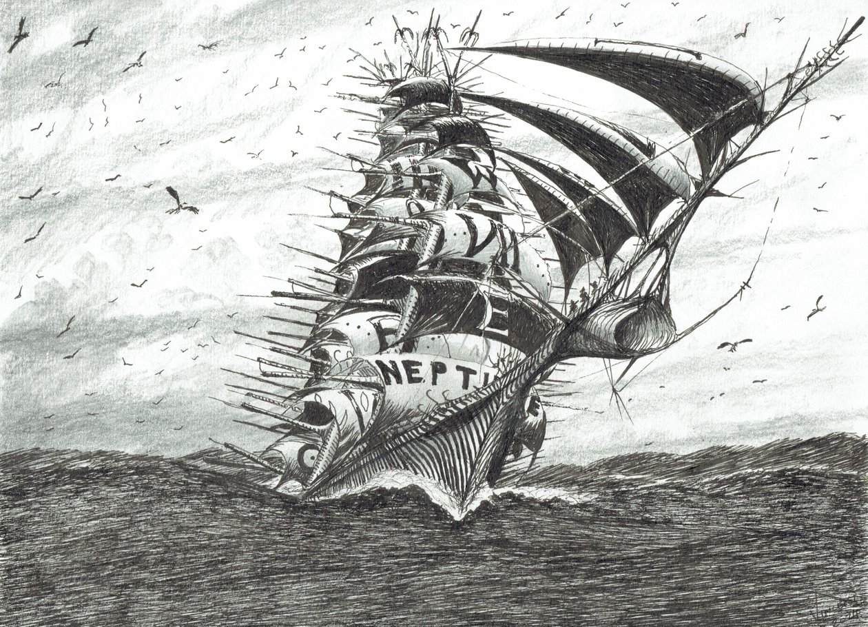 Storm Creators Cape Dolphin, 2024 (tusz i ołówek na papierze) autorstwa Vincent Alexander Booth