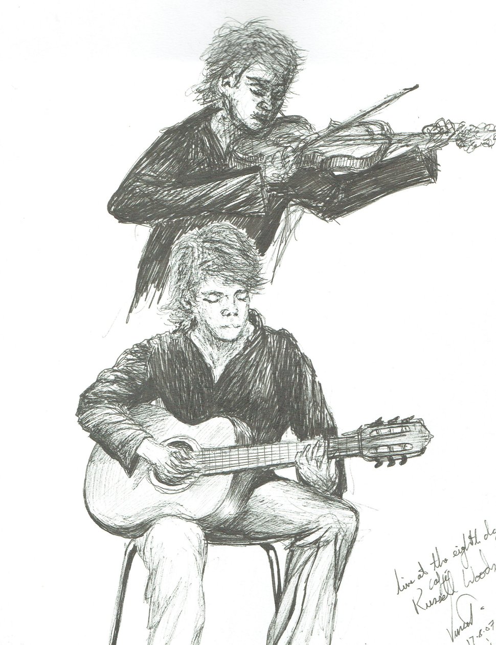 Gitarzysta i skrzypek w kawiarni ósmego dnia Manchester, 2007 autorstwa Vincent Alexander Booth