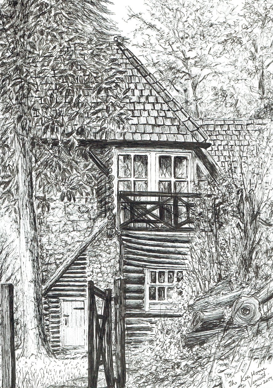 Dom z bali, 2019, (tusz na papierze) autorstwa Vincent Alexander Booth