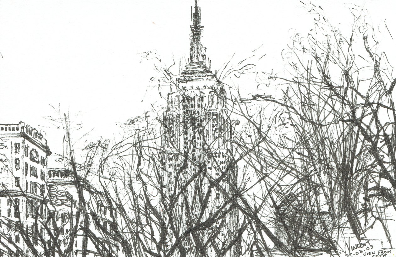 Widok z kawiarni Nowy Jork, 2003, (Tusz na papierze) autorstwa Vincent Alexander Booth