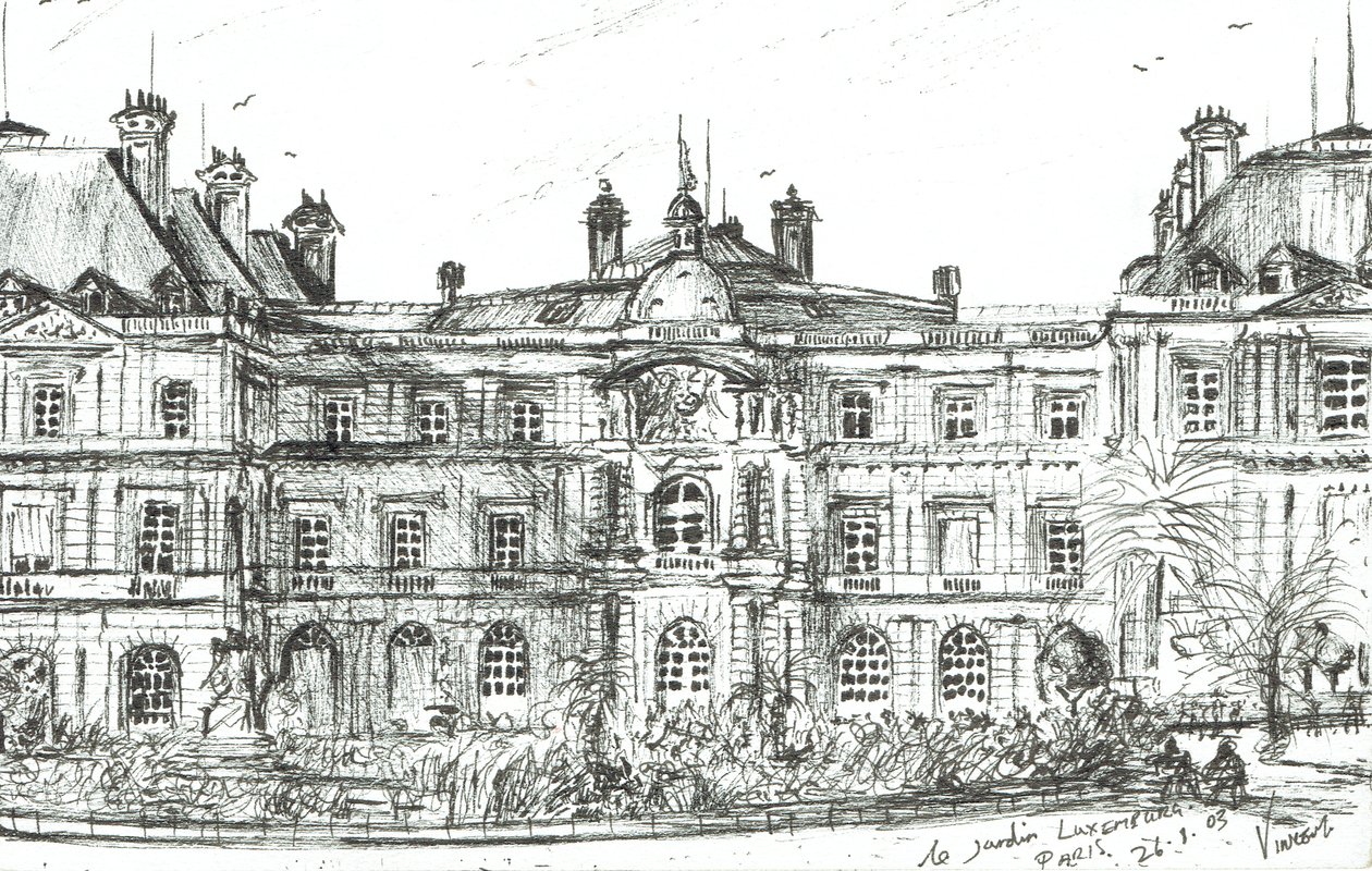 Jardin Luxembourg Paris, 2003, (Tusz na papierze) autorstwa Vincent Alexander Booth