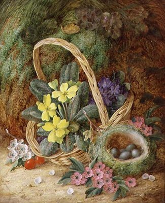 Martwa natura z pierwiosnkami i ptasim gniazdem (olej na płótnie) autorstwa Vincent Clare
