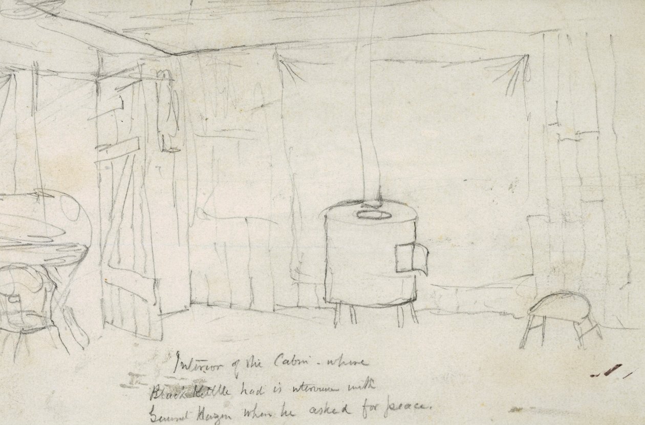 Wnętrze kabiny, w której Black Kettle miał swój tymczasowy u generała Hazena, gdy prosił o pokój, 1869-71 autorstwa Vincent Colyer