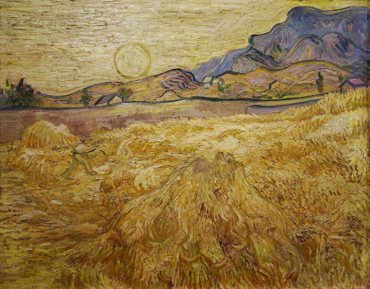 Pole pszenicy ze żniwiarzem i słońcem, 1889 r. autorstwa Vincent van Gogh