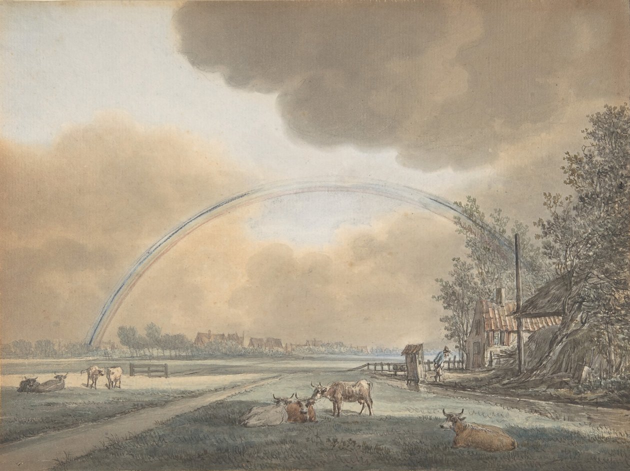 Krajobraz z tęczą nad farmą i odległą wioską, b.d.... autorstwa Vincent Jansz. van der Vinne