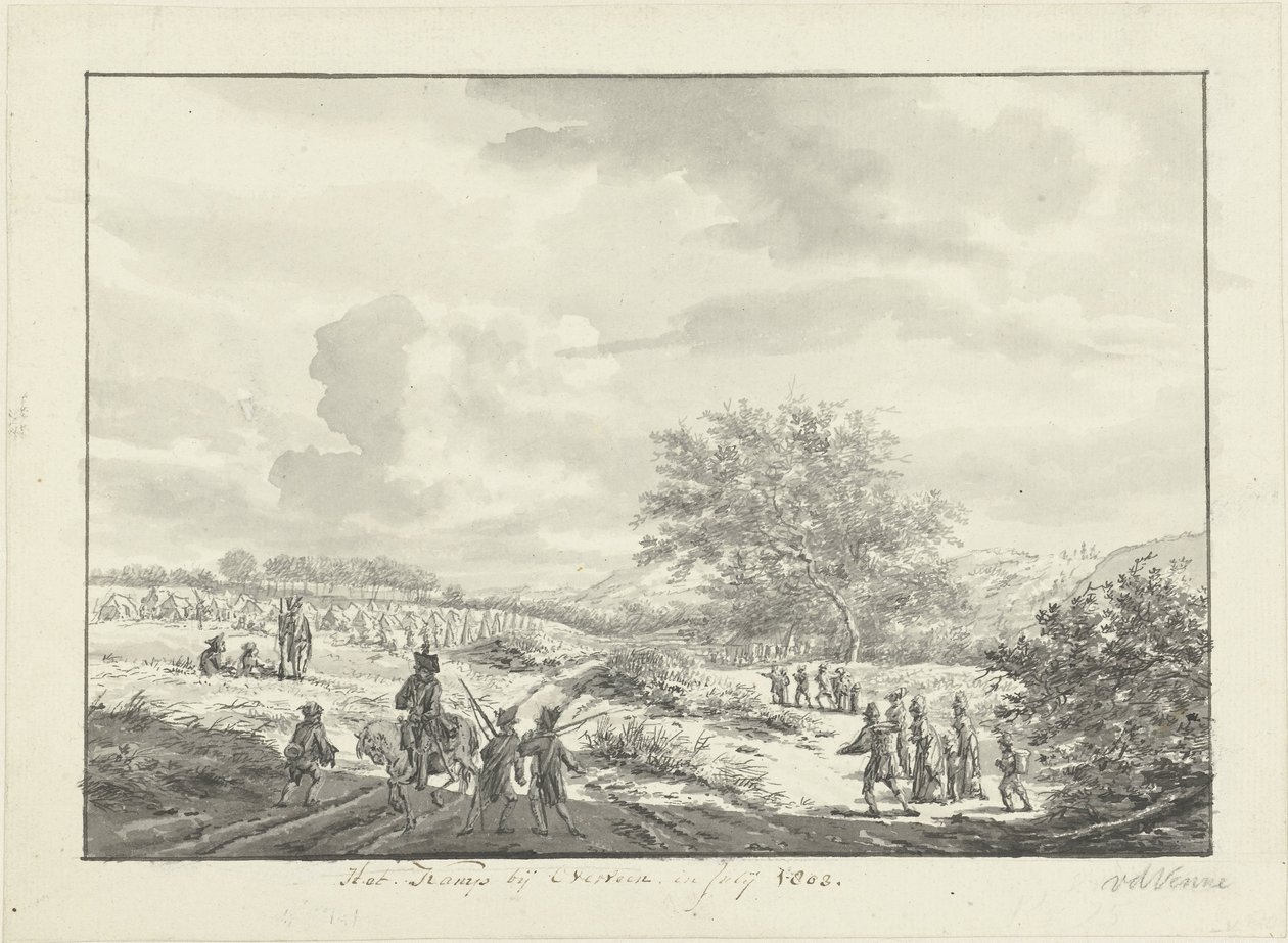 Obóz wojskowy na wydmach w pobliżu Overveen w lipcu 1803 r. Obóz pod Overveen, lipiec 1803 (tytuł na obiekcie) autorstwa Vincent Jansz. van der Vinne