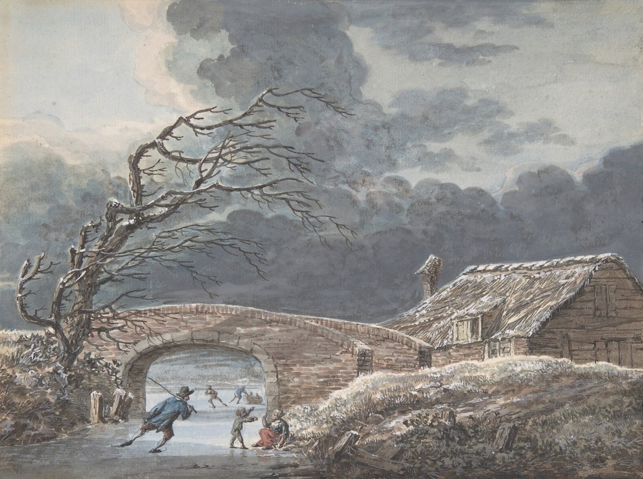Zimowy krajobraz z łyżwiarzami na zamarzniętym kanale, b.d.... autorstwa Vincent Jansz. van der Vinne