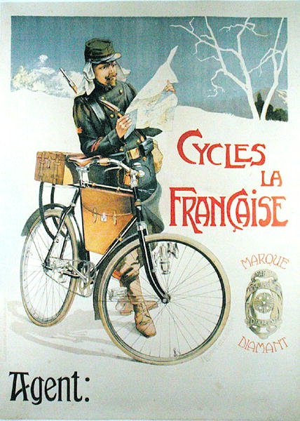 Żołnierz z rowerem czyta mapę, plakat reklamujący cykle „La Francaise” (kolor lito) autorstwa Vincent Lorant Heilbronn