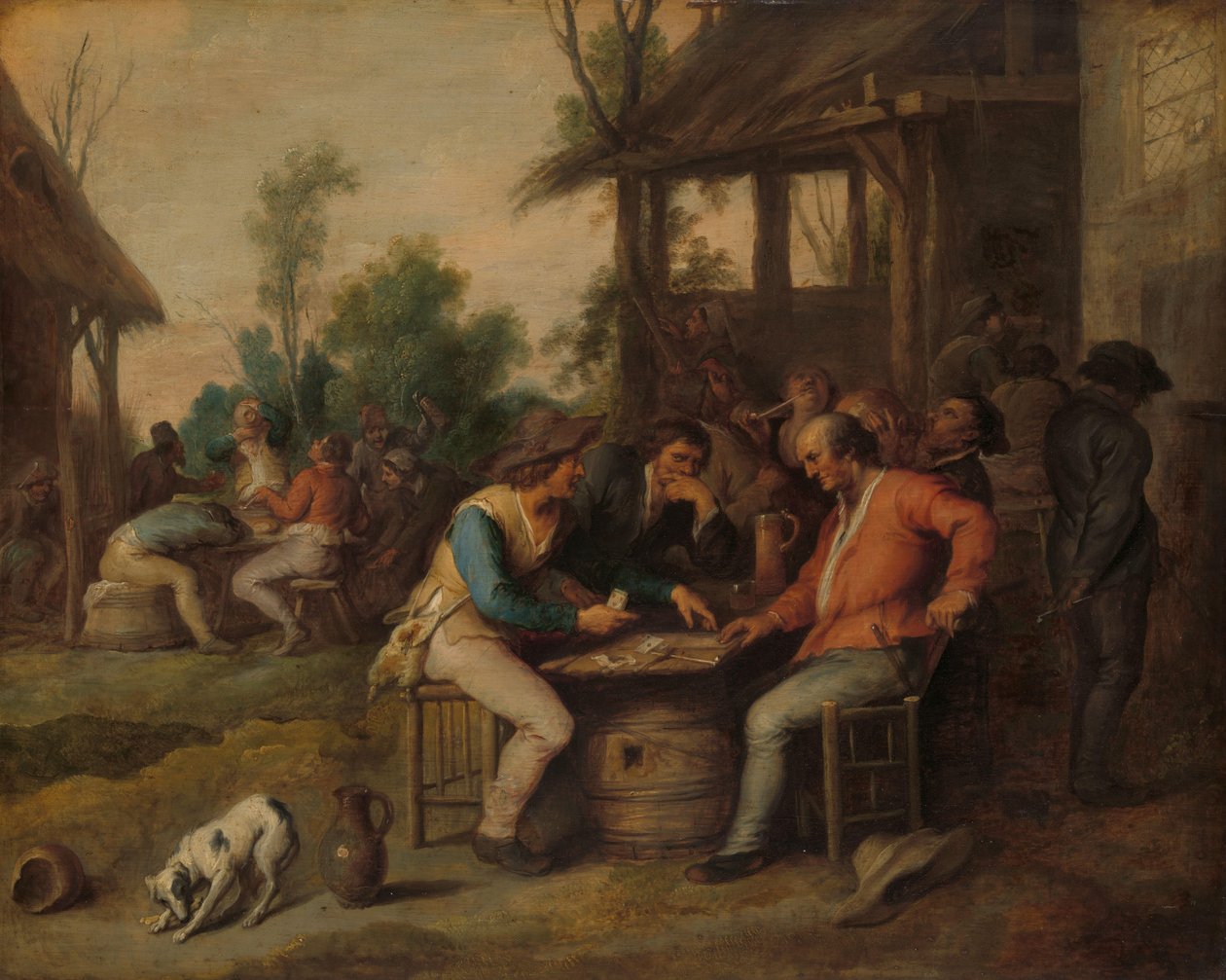 Dwóch mężczyzn przy kartach poza wiejskim zajazdem autorstwa Vincent Malò (II) (attributed to)
