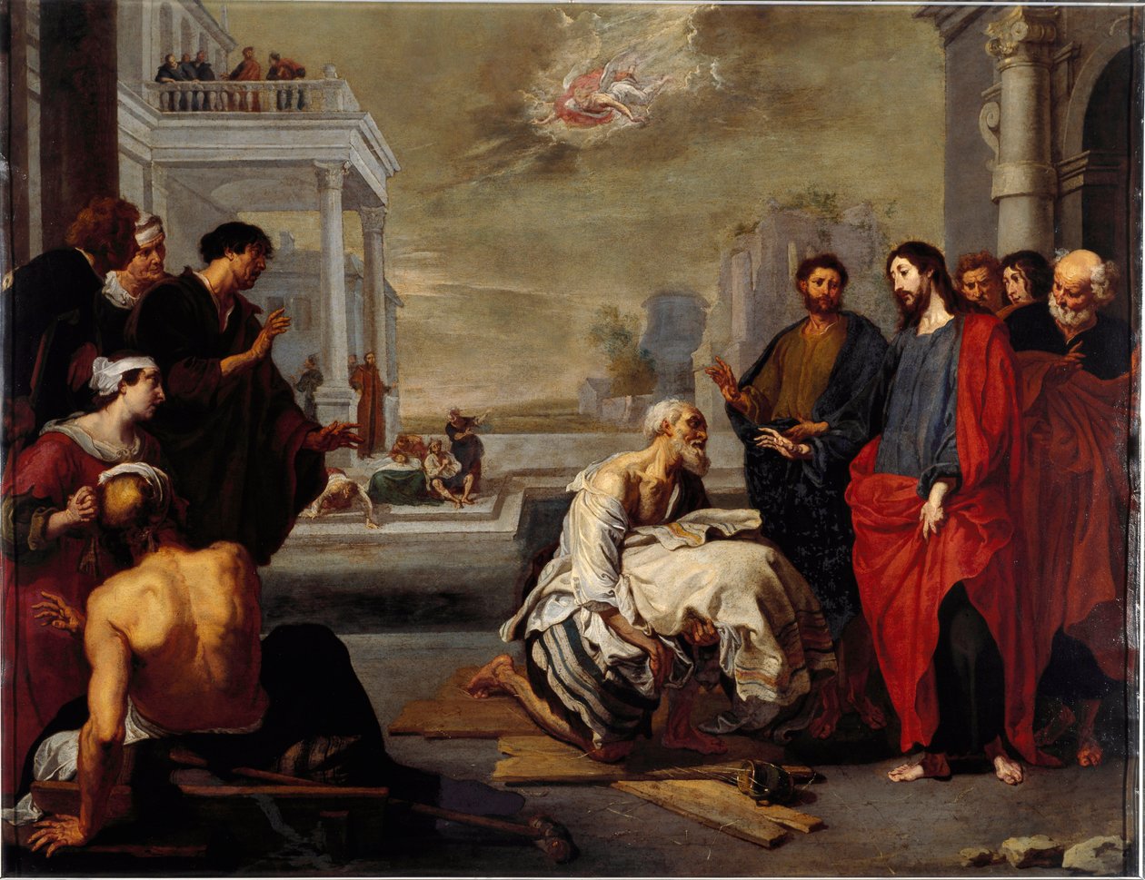 Jezus w cudowny sposób zmartwił paralityka w Kafarnaum Obraz Vincenta Malo (ok. Geny, Galeria Narodowa Palazzo Spinola, Włochy autorstwa Vincent Malo