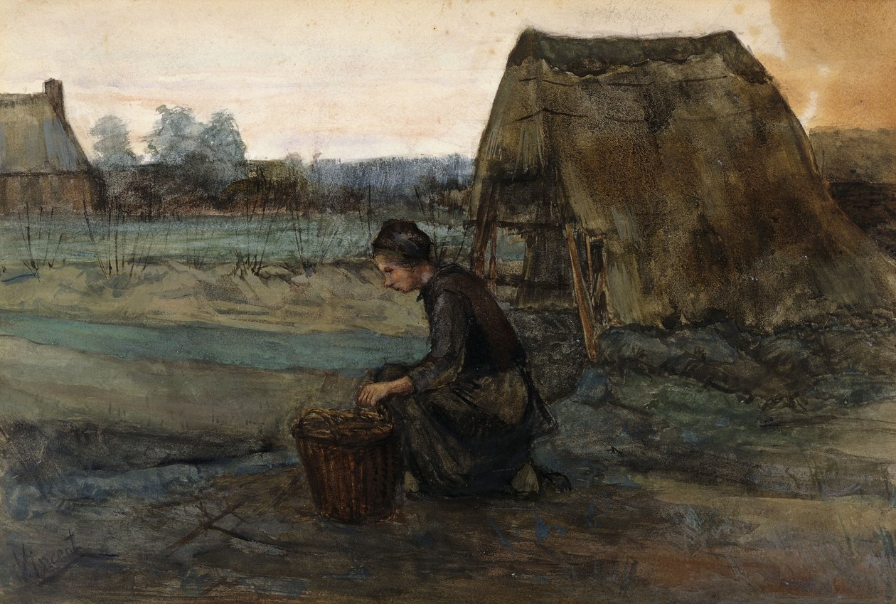 Klęcząca wieśniaczka przed chatą; Chłopka klęcząca przed chatą, 1883 autorstwa Vincent van Gogh