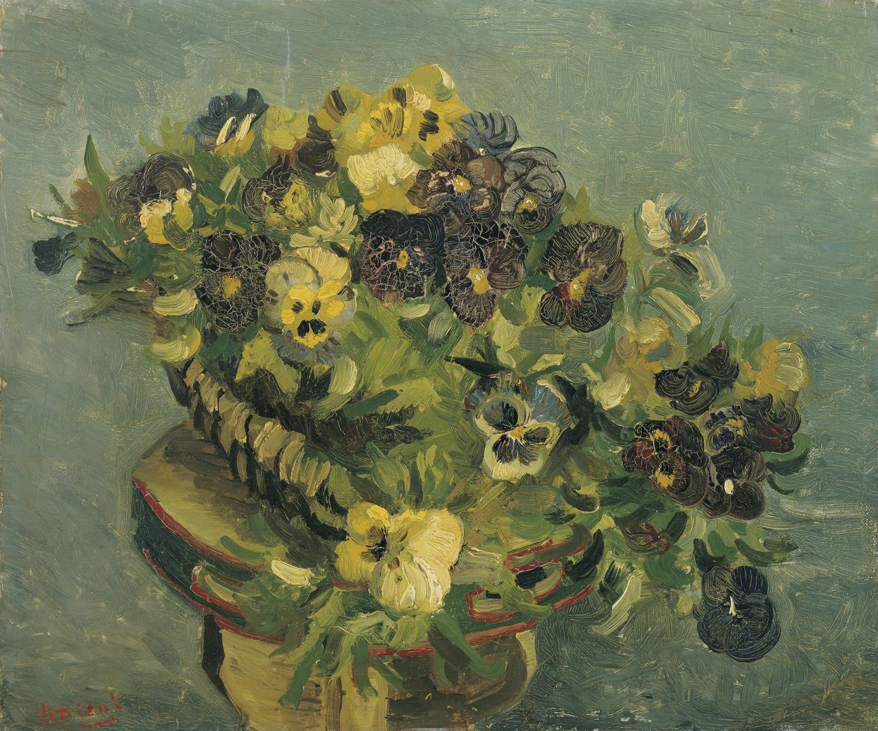 Koszyk z bratkami na małym stoliku autorstwa Vincent van Gogh