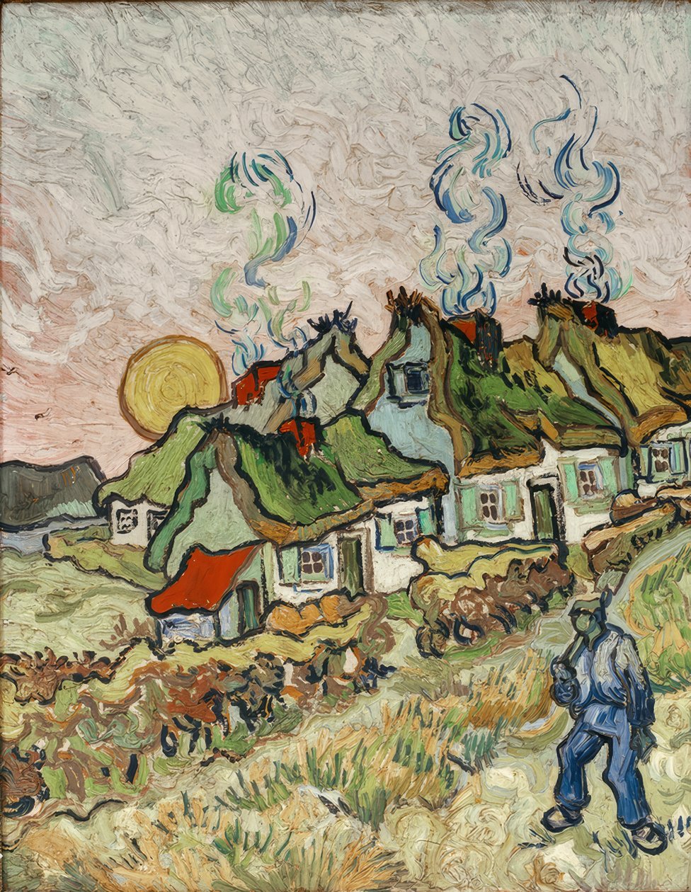 Domy wiejskie o zachodzie słońca autorstwa Vincent van Gogh
