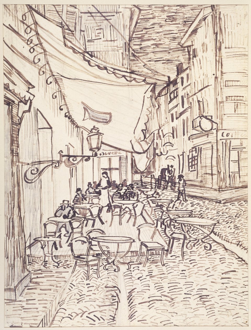 Taras kawiarni nocą, wrzesień 1888 (pióro trzcinowe i atrament z grafitem na papierze wykładanym) autorstwa Vincent van Gogh