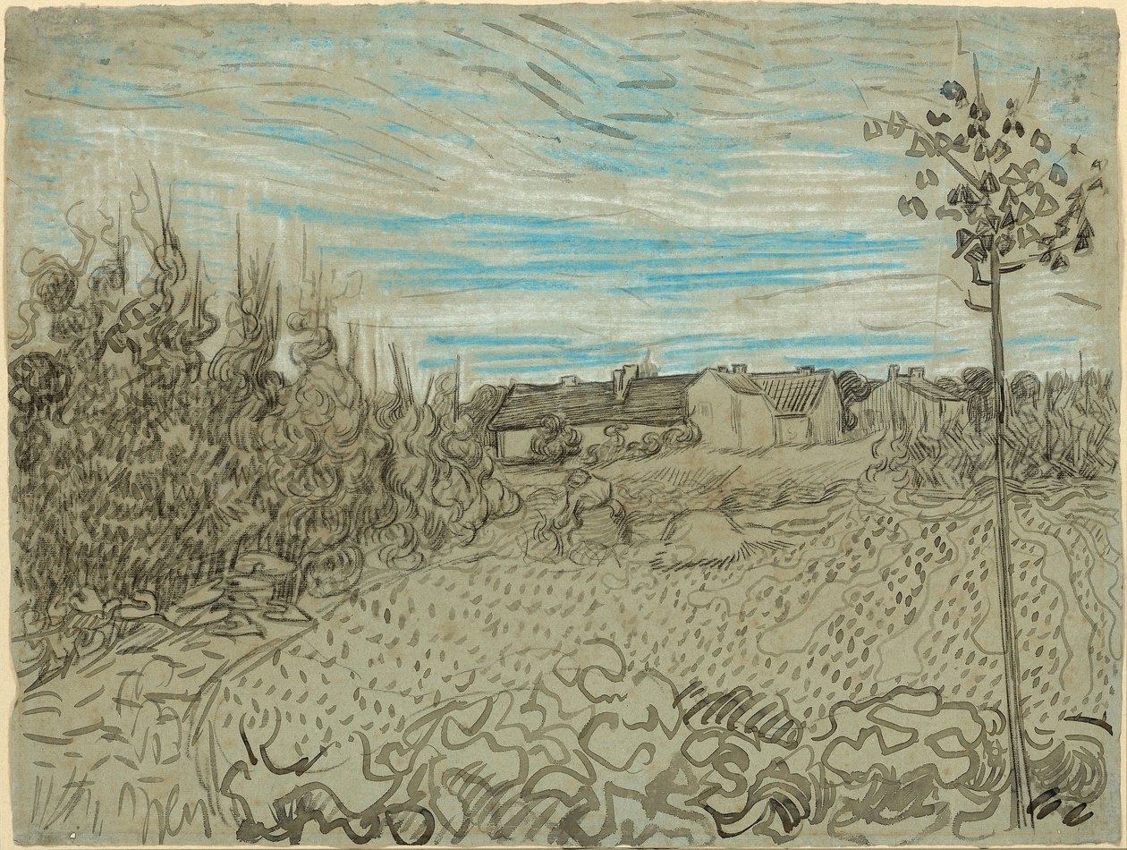 Domki z kobietą pracującą w centrum autorstwa Vincent van Gogh