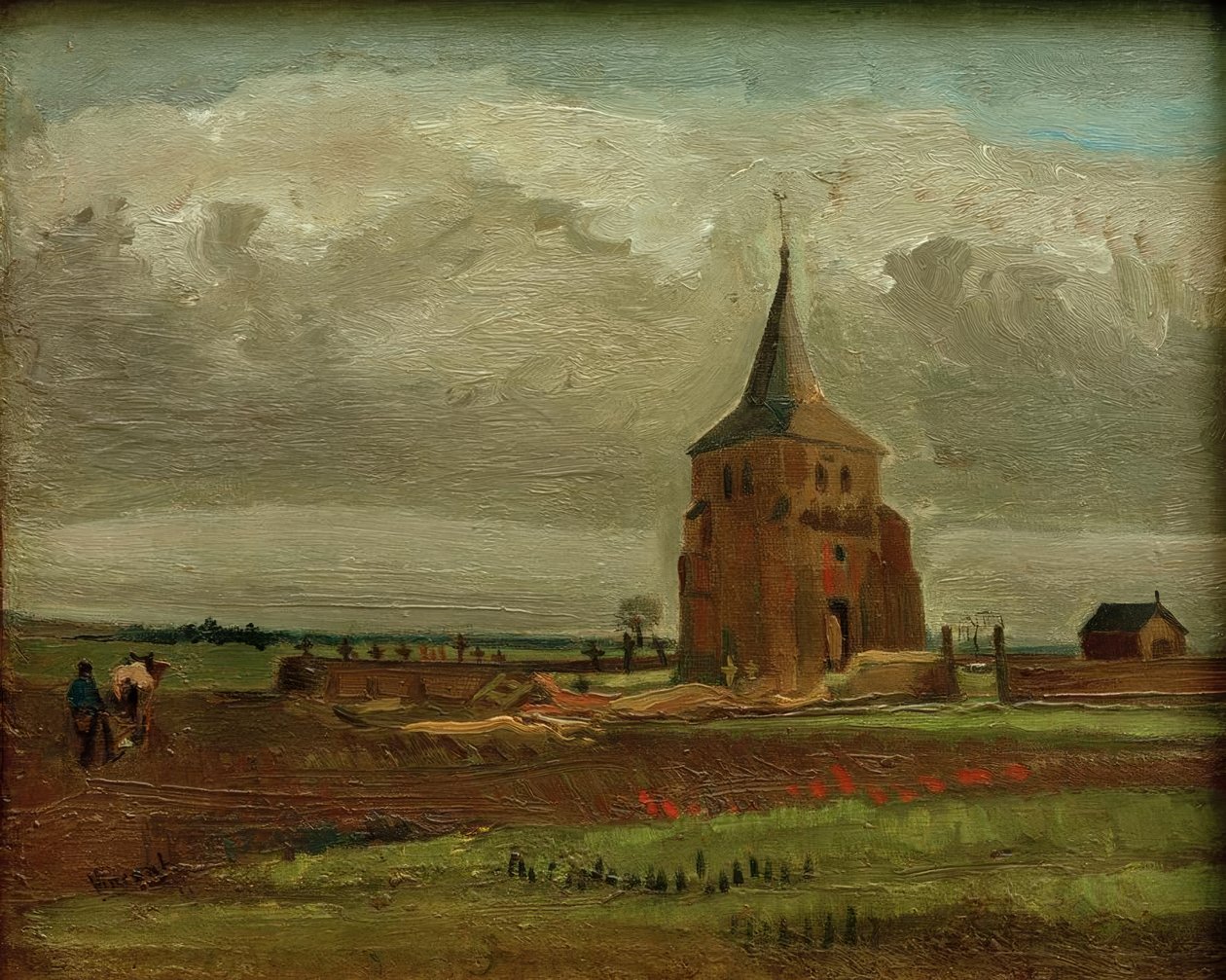 Stara wieża cmentarna w Nuenen z orką rolnika autorstwa Vincent van Gogh