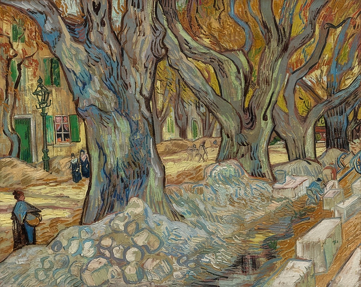Wielkie platany (robotnicy drogowi w Saint-Rémy). 1889 autorstwa Vincent van Gogh