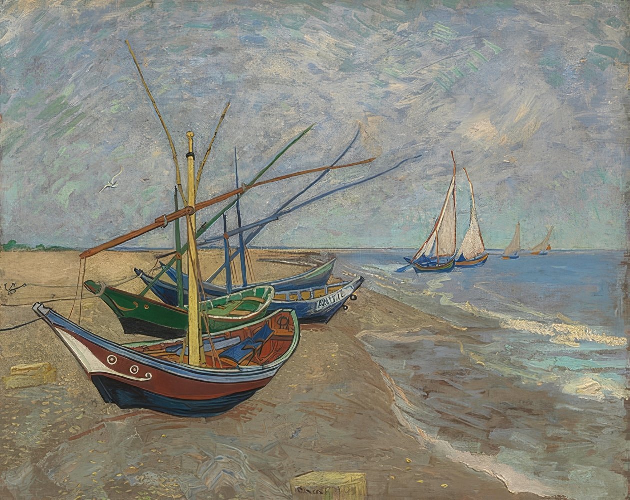 Łodzie rybackie na plaży w Les Saintes-Maries-de-la-Mer. Arles, czerwiec 1888 r. autorstwa Vincent van Gogh