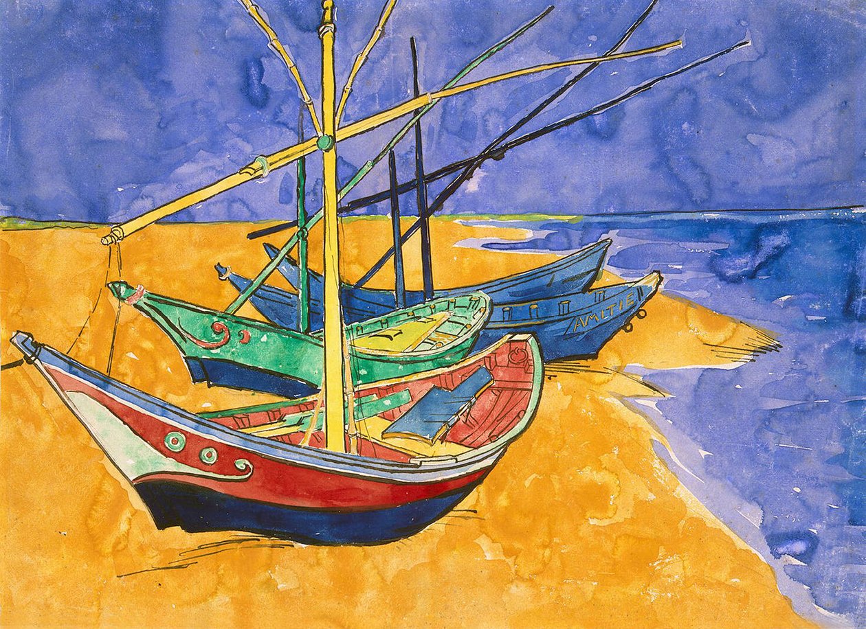 Łodzie rybackie na plaży w Saintes-Maries-de-la-Mer (pióro i atrament z akwarelą na papierze) autorstwa Vincent van Gogh