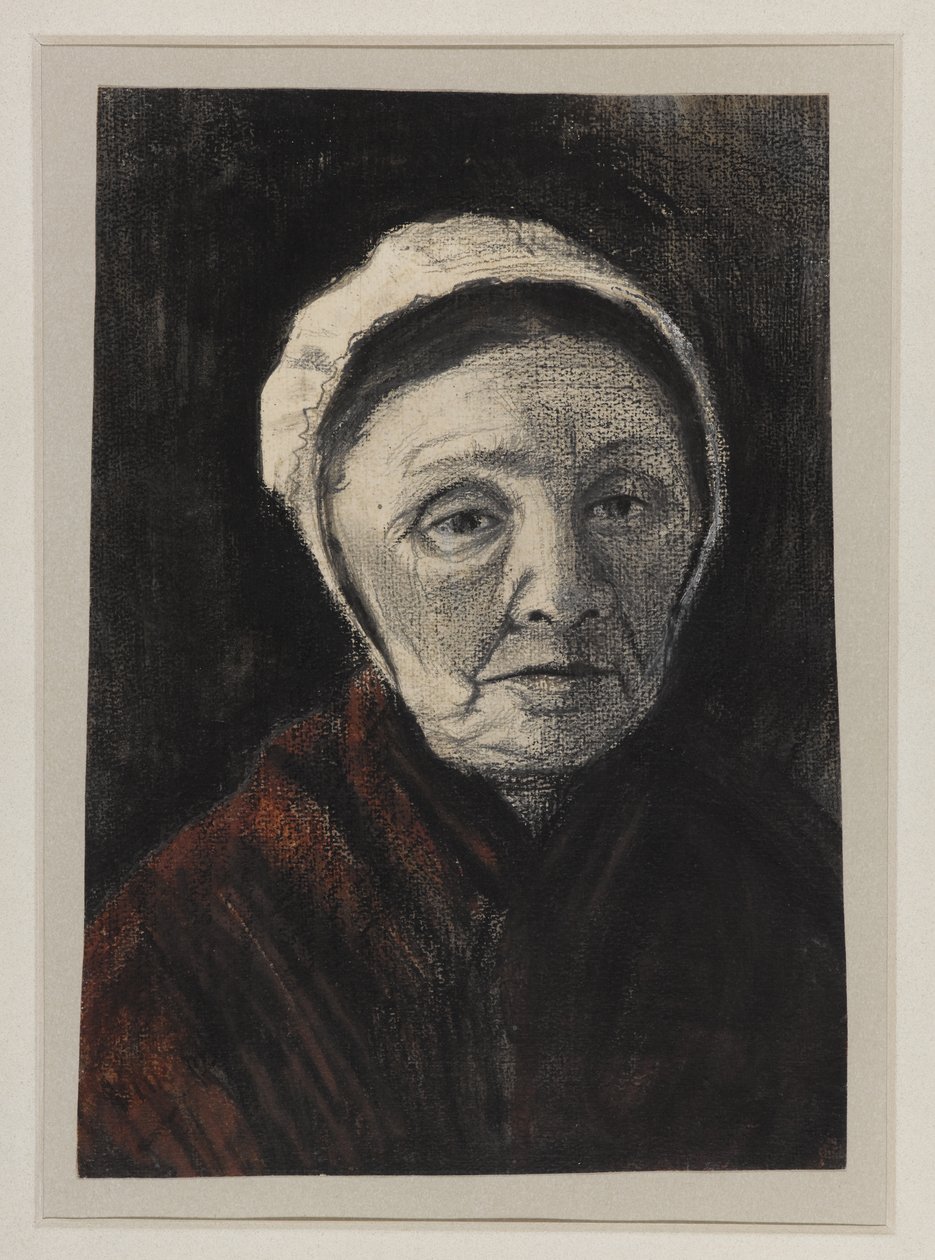 Głowa starej kobiety w czapce Scheveningera, 1882-83 (węgiel drzewny, czarna i brązowa kreda na papierze) autorstwa Vincent van Gogh