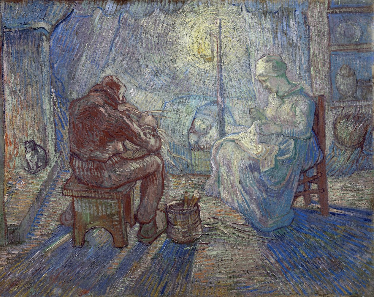 "Noc" (Noc) Rodzina chłopska we wnętrzu - Obraz Vincenta van Gogha (1853-1890) według Milleta autorstwa Vincent van Gogh