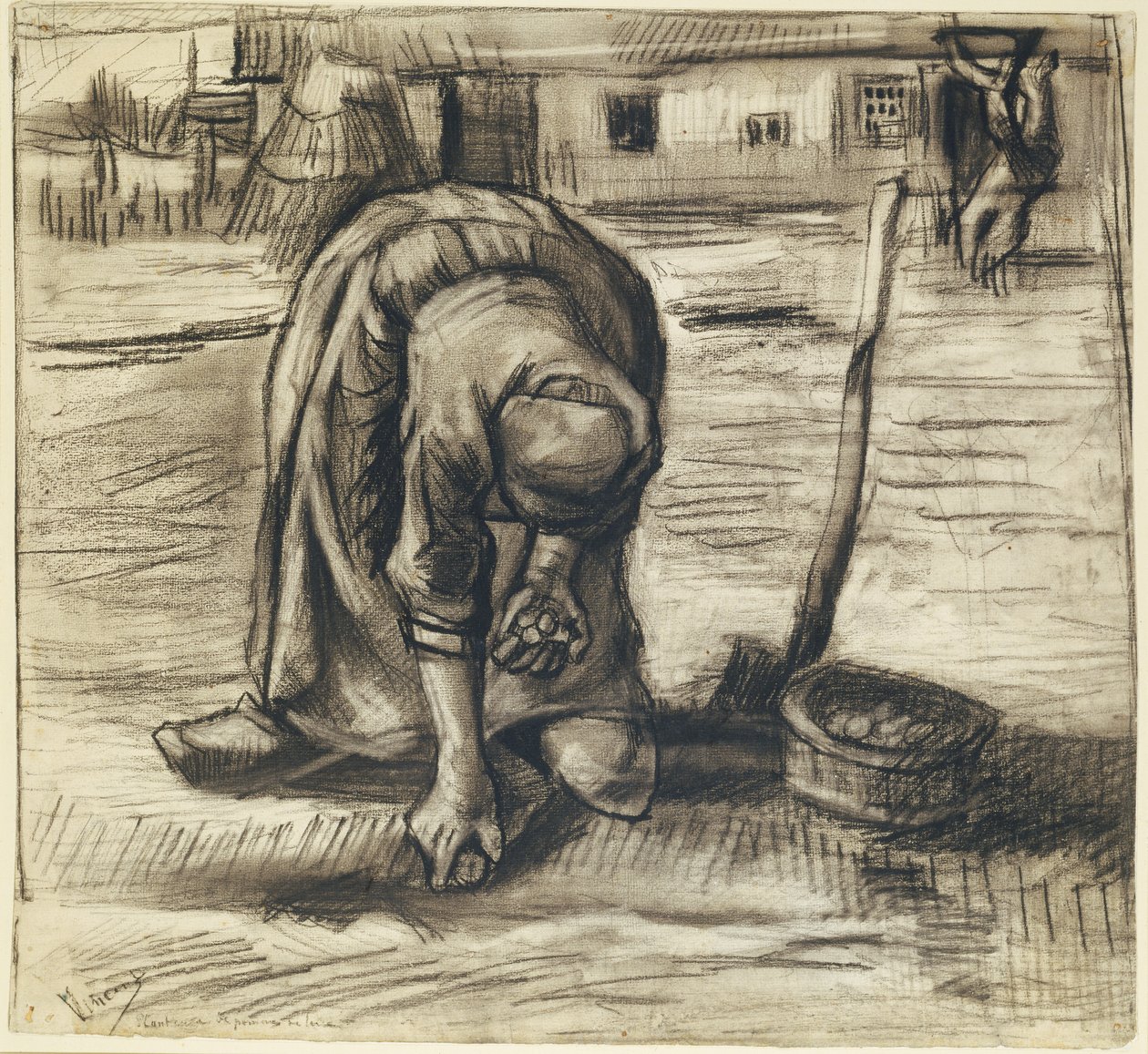 Chłopka sadząca ziemniaki, ok. 1885 r. (czarna kreda i węgiel na papierze) autorstwa Vincent van Gogh