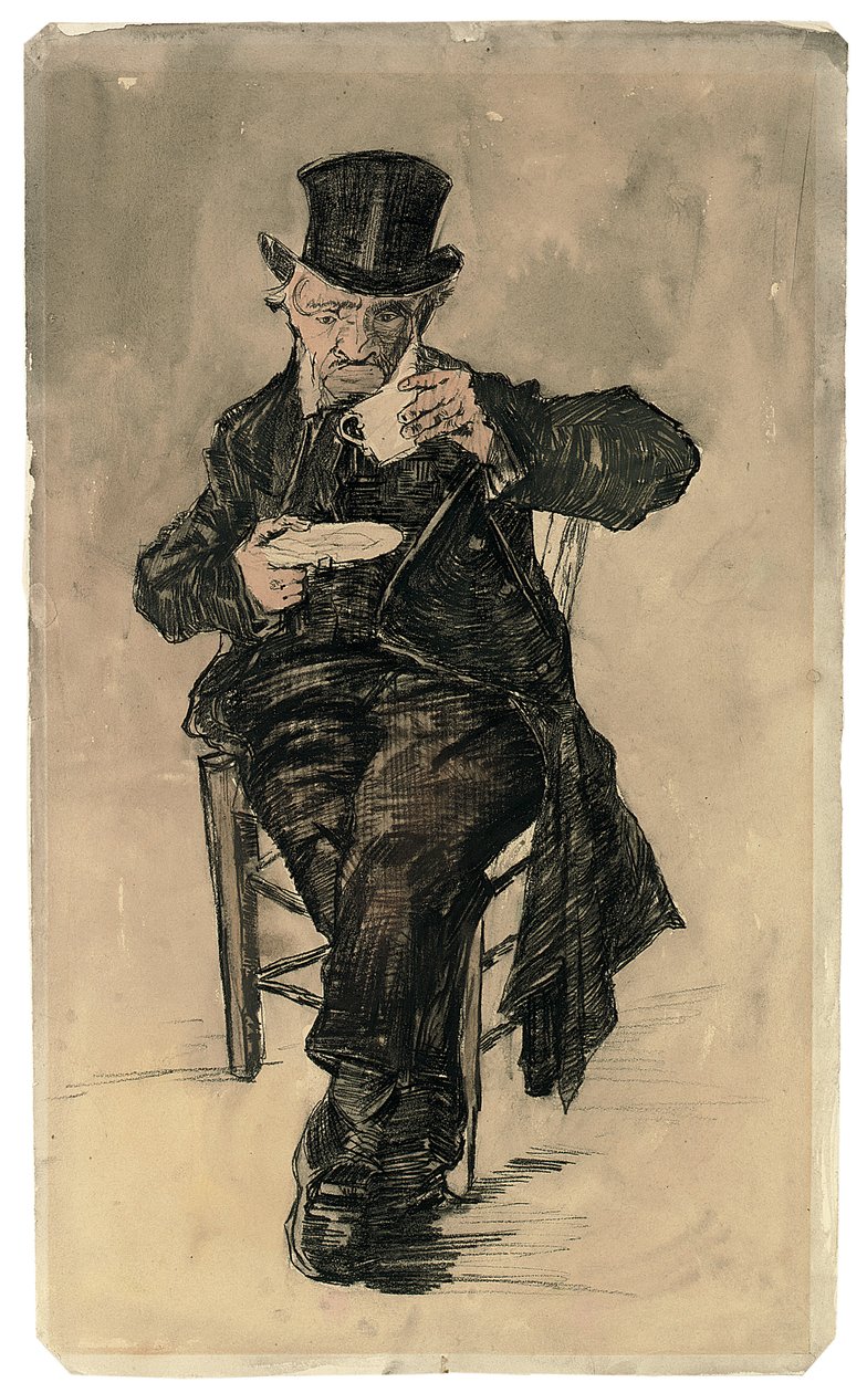 Mieszkaniec biednego domu w cylindrze popijający filiżankę kawy, 1882 autorstwa Vincent van Gogh