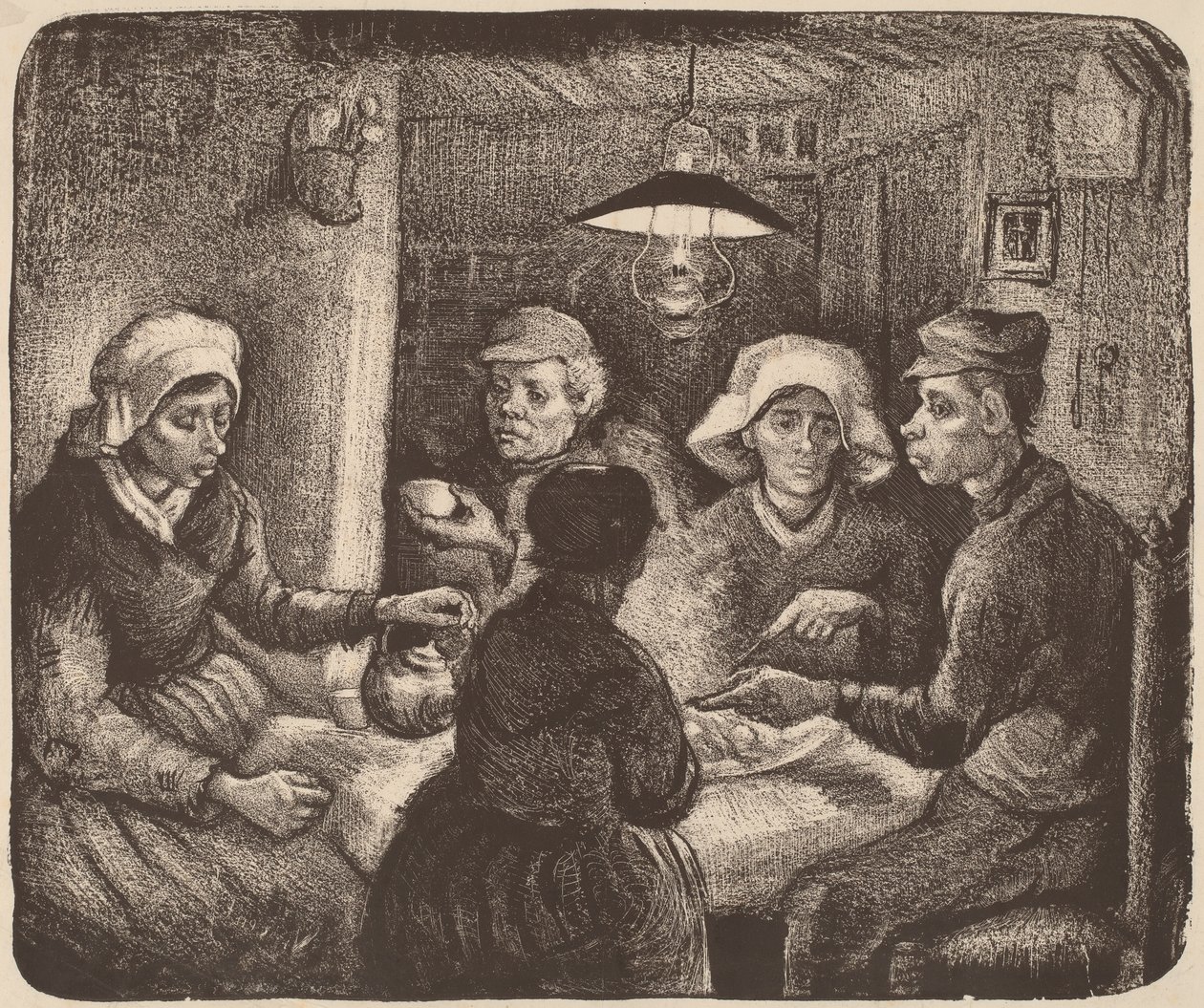 Zjadacze ziemniaków, 1885 (litografia w kolorze ciemnobrązowym) autorstwa Vincent van Gogh