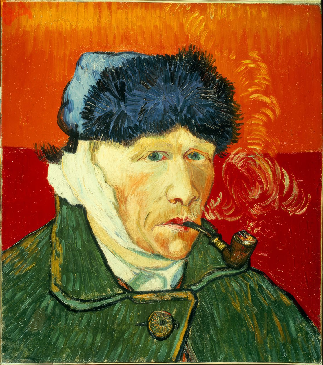 Autoportret w futrzanej czapce, z zabandażowanym uchem i fajką tytoniową autorstwa Vincent van Gogh