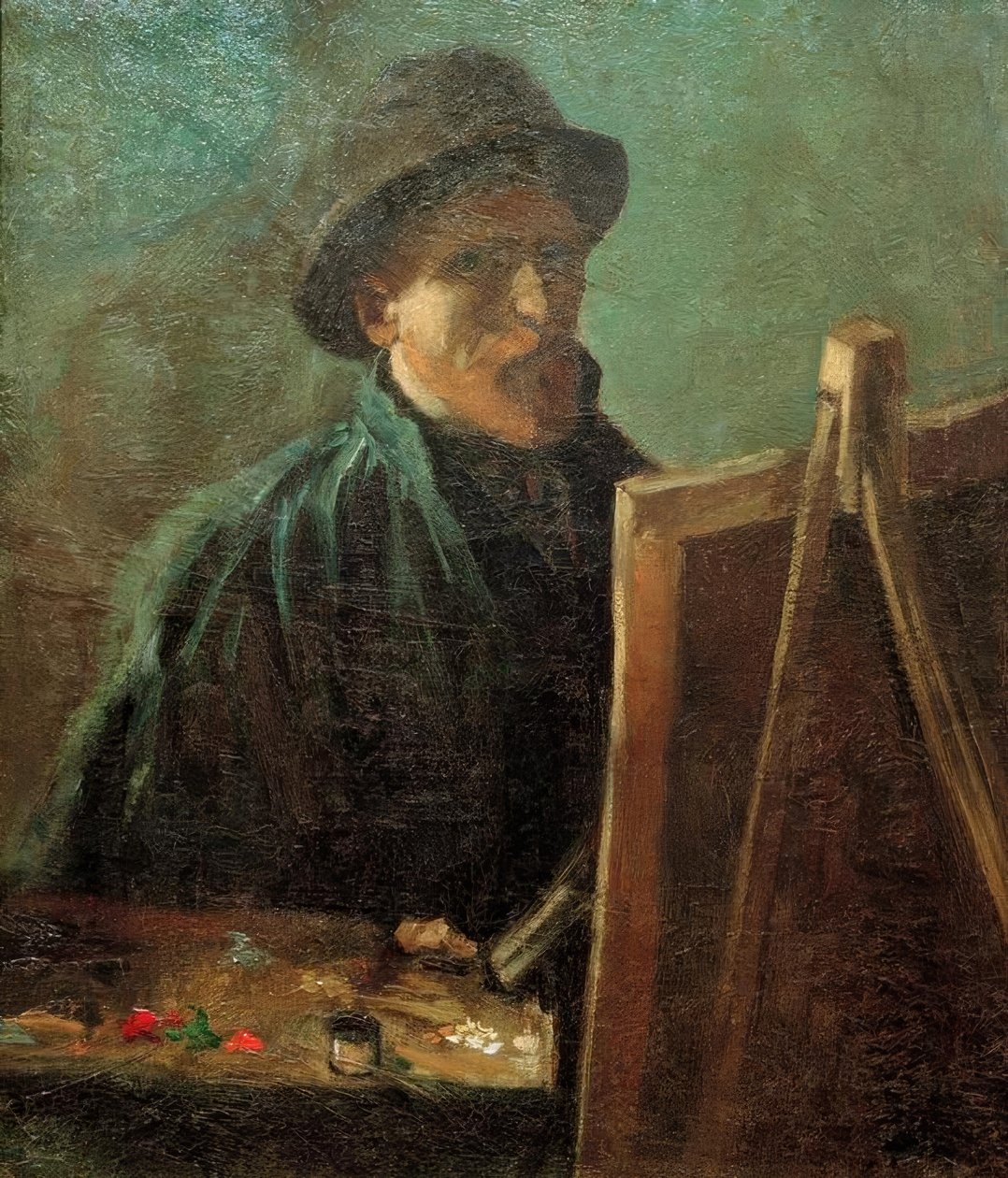 Autoportret z ciemną futrzaną czapką przed sztalugą autorstwa Vincent van Gogh