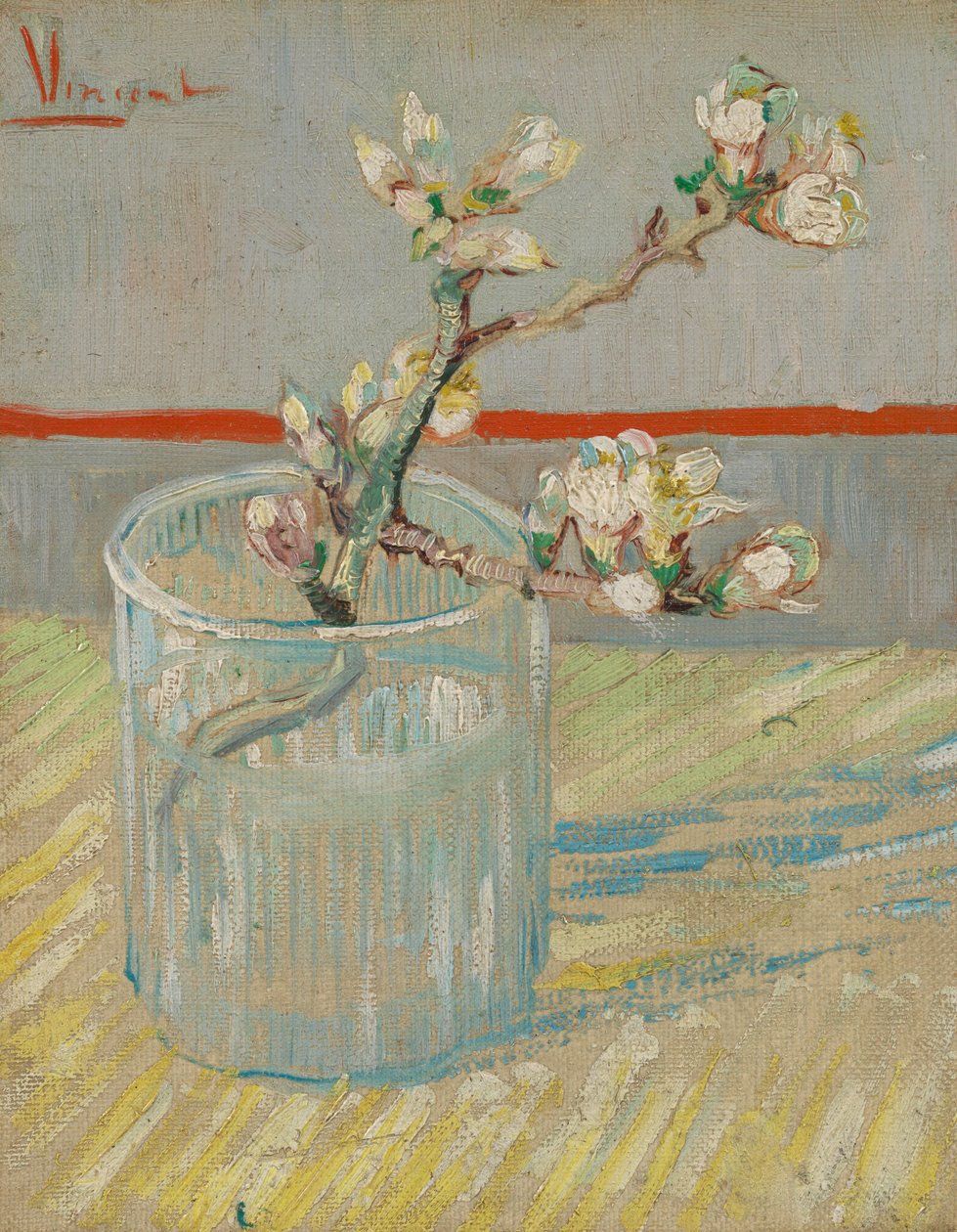 Gałązka kwitnącego kwiatu migdałowca w szklance autorstwa Vincent van Gogh