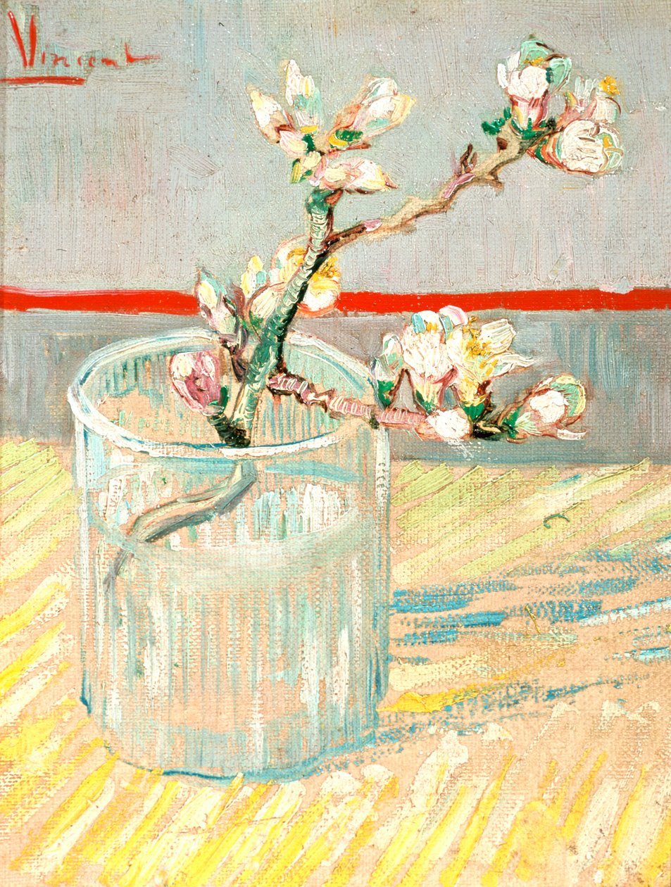 Gałązka kwitnących kwiatów migdałów w szklance, 1888. autorstwa Vincent van Gogh