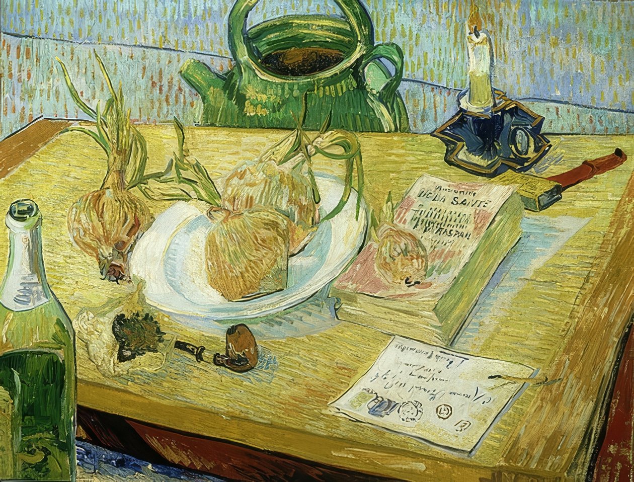 Martwa natura z deską kreślarską, fajką, cebulą i woskiem uszczelniającym. 1889 autorstwa Vincent van Gogh