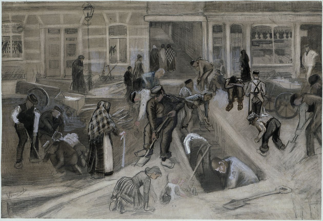 Robotnicy drogowi podczas wykopywania szybu klatki schodowej autorstwa Vincent van Gogh