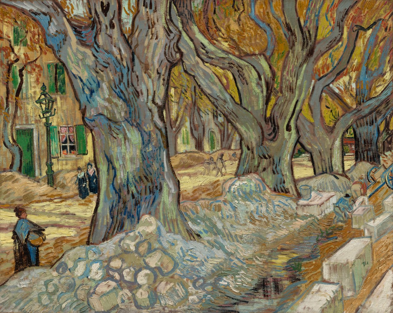 Naprawa dróg z dużymi platanami w Saint-Rémy, 1889. autorstwa Vincent van Gogh