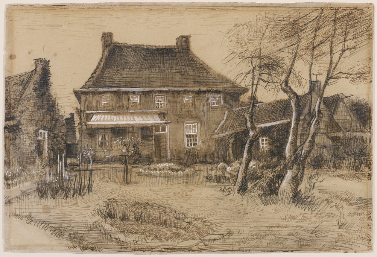 Klasztor w Neunen: Widziana od tyłu, z pracownią artystów po prawej stronie, ok. 1884 (grafit, pióro, brązowy tusz, brązowy wash, podkreślony bielą na papierze) autorstwa Vincent van Gogh