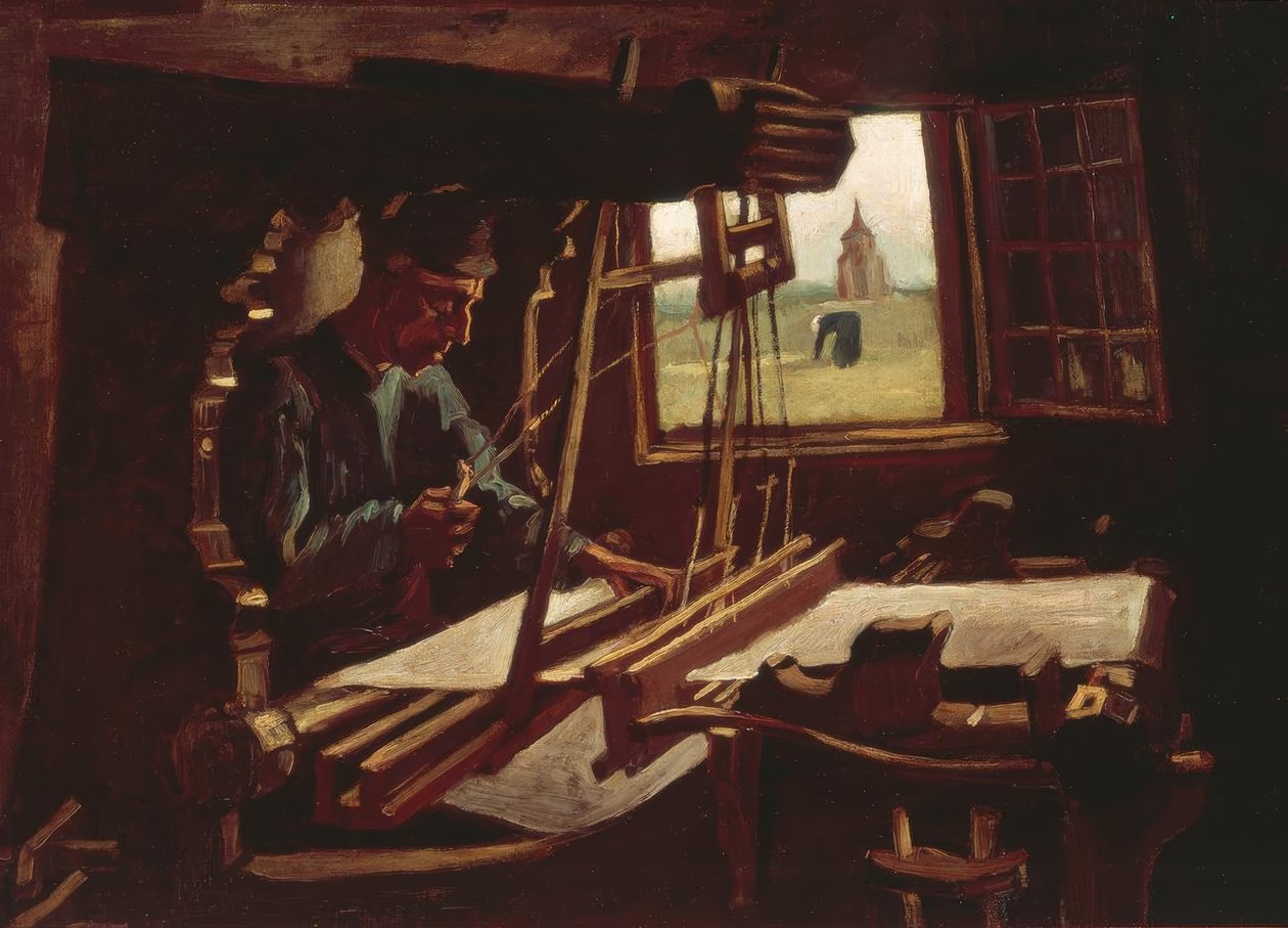 Weber przed otwartym oknem z widokiem na wieżę Nuenen autorstwa Vincent van Gogh