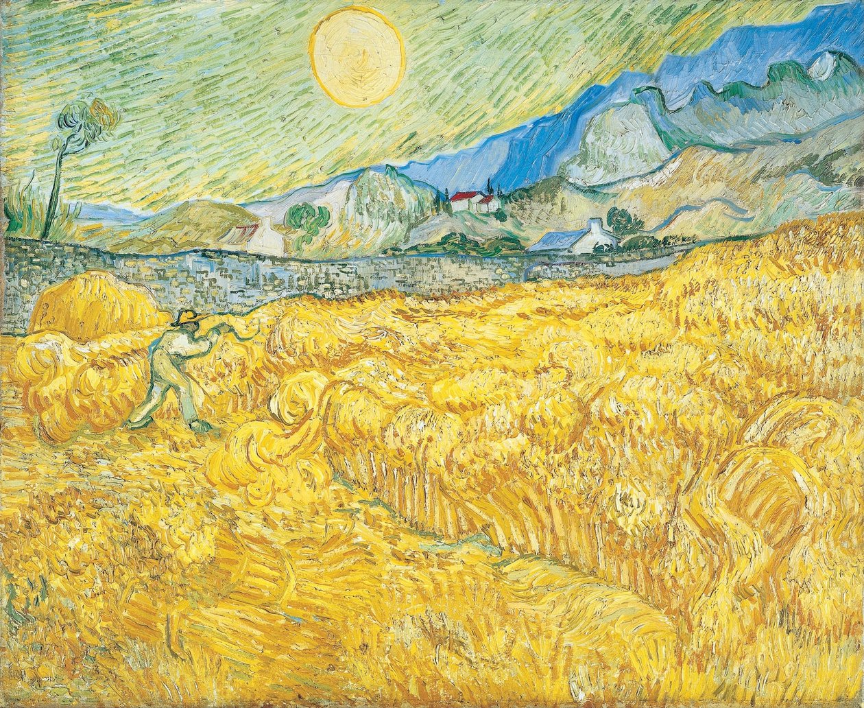 Pole pszenicy za szpitalem Saint-Paul z żniwiarką autorstwa Vincent van Gogh