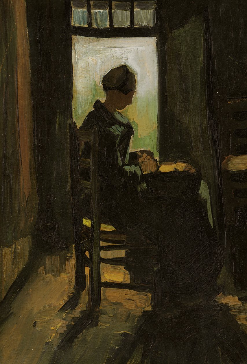 Kobieta siedząca przed otwartymi drzwiami, obierająca ziemniaki, 1885 autorstwa Vincent van Gogh