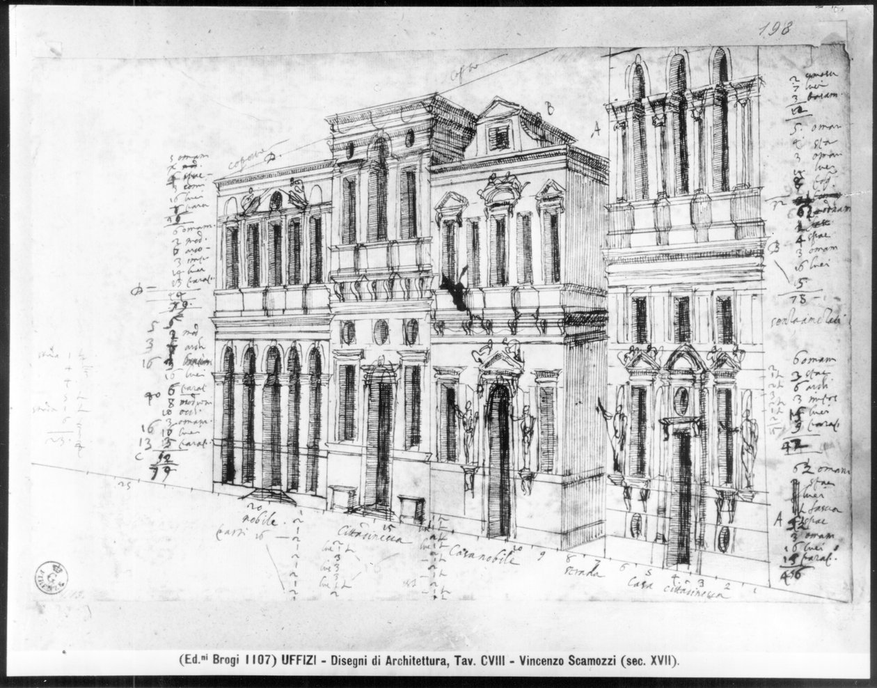 Rysunek fasady Galerii Uffizi, zaprojektowany przez Giorgio Vasari (1511-74) i ukończony przez Bernardo Buontalenti (1531-1608) i Alfonso Parigi (zm. 1590) w 1580 autorstwa Vincenzo Scamozzi