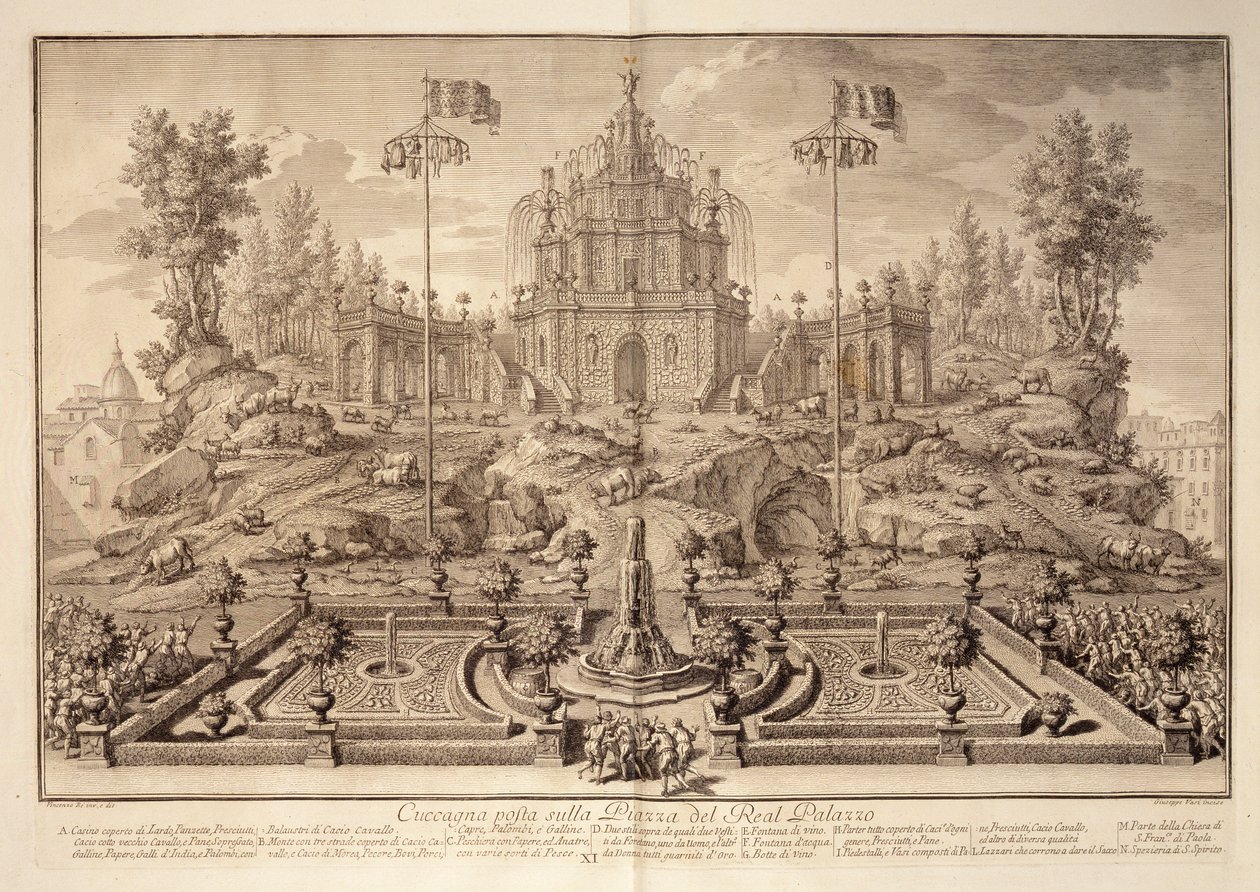 Cuccagna, z Narrazione delle Solemni Reali Feste, rytowana przez Giuseppe Vasi (1710-82), opublikowana w 1749 r. autorstwa Vincenzo dal Re
